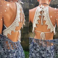 the back of a woman's dress with crochet and beads on it