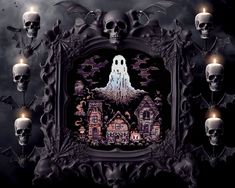 a group of skulls surrounding a frame with a house in the middle surrounded by candles