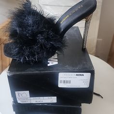 Black Feather Heels With Rhinestone High Heel With Feather Trim For Night Out, High Heels With Feather Trim For Night Out, Luxury Feather Trim Heels For Formal Occasions, Feather Trim High Heels For Night Out, Party Heels With Feather Trim, Chic Open Toe Heels With Feather Trim, Luxury Glamorous Heels With Feather Trim, Feather Heels Black, Feather Heels