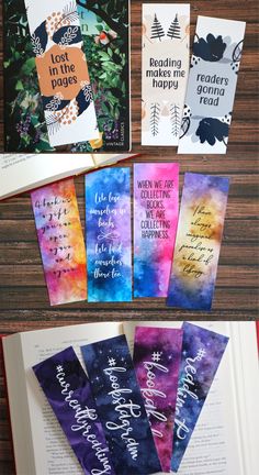 the bookmarks have been made with watercolor paper and are on top of an open book