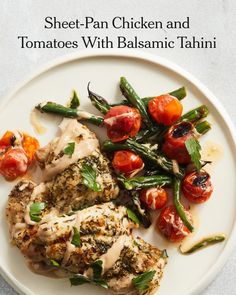 chicken and tomatoes with balsamic tahinii on a white plate, with the title sheet - pan chicken and tomatoes with balsanic tahiti