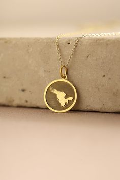 Gold Eagle Pendant - Eagle Gold Necklace ● Material of pendant: Solid Gold 14k ( REAL GOLD ) ● Metal Stamp: 14k ( REAL GOLD ) ● The pendant is available in 5 sizes: - 12,7 mm / 0.5 inches (Diameter) - 14,0 mm / 0,55 inches ( Diameter ) In the photos - 15,3 mm / 0.6 inches ( Diameter ) - 16,5 mm / 0,65 inches ( Diameter ) - 19,1 mm / 0,75 inches ( Diameter ) ( In the photos the size is 14mm / 0.55 inches Diameter ) ( Jump Ring inner diameter: 4 mm ) ● Material of chain: Solid gold 14k ( REAL GOLD Gold Charm Necklaces For Commemoration, Yellow Gold Necklaces With Charms For Birthday Gift, Yellow Gold Jewelry With Charms For Birthday Gift, Hallmarked 14k Gold Necklace For Birthday Gift, 14k Gold Hallmarked Necklace For Birthday, 14k Gold Pendant Necklace Birthday Gift, Hallmarked Yellow Gold Jewelry For Birthday Gift, Custom 14k Stamped Pendant Necklace For Gift, 14k Gold Round Jewelry For Birthday Gift