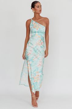 Summer Wedding Midi Dress With Asymmetrical Neckline, Floral Print One Shoulder Dress For Brunch, Printed Maxi Dress For Spring Wedding, Spring One-shoulder Midi Dress For Wedding Guest, One Shoulder Midi Dress For Spring Wedding Guest, Spring Prom Midi One Shoulder Dress, Spring Prom One Shoulder Midi Dress, One Shoulder Floral Print Prom Dress, Spring Wedding Printed Maxi Dress