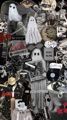 a collage of halloween related items with words written on them and images of ghostes