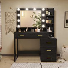 a vanity with lighted lights and drawers in a room next to a mirror on the wall