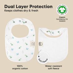 Featuring a large bib rounded squarish shape, the Urban Drool Bib covers your baby's torso from neck to baby's belly, keeping their clothes dry and fresh all day long! Our stylish organic baby boy and girl bibs are made with 100% organic cotton (GOTS Certified by CU 1042833) and backed with water resistant fleece for added absorption. We designed the snaps to be at the back of the baby's neck for easy wearing. The slim arms towards the bib's closure ensure comfort and breathability. 3 adjustable White Reusable Bib For Playtime, Playful White Cotton Bib, Playful White Machine Washable Bib, White Cotton Washable Bib, White Washable Cotton Bib, Teething Toddler, Bib For Baby, Baby Drool Bibs, Drool Bibs