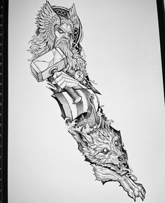 a black and white drawing of an arm with tattoos on it