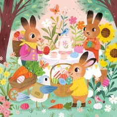 an illustration of two rabbits eating food at a table with flowers and trees in the background