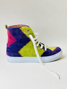 SILK VELVET HIGH TOPS | Elysian by Emily Morrison. Modern Multicolor Lace-up High-top Sneakers, Modern Multicolor High-top Custom Sneakers, Trendy High-top Sneakers With Woven Sole, Multicolor Textile Sneakers With Woven Sole, Multicolor Slip-on Sneakers With Woven Sole, Rainbow Chevron, Velvet Sneakers, Sneakers Looks, Chic Shoes