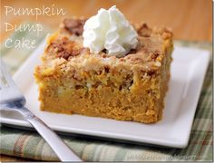 a piece of pumpkin dump cake on a white plate