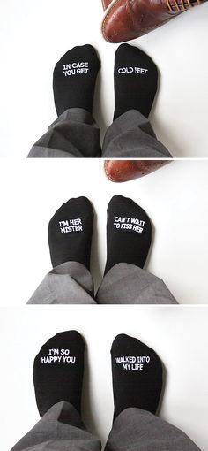 three pictures of someone's feet wearing socks with words on them