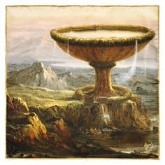 a painting of a fountain in the middle of a mountain