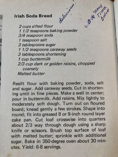 the recipe for irish soda bread is shown in an open book with writing on it