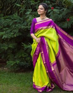 Type: Saree Saree Color: Light Green & Purple Blouse Color: Purple Saree Length: 6.3 Mtrs( With Blouse ) Blouse Length: 0.80 Mtrs Fabric: Banarasi Soft Silk Work: Weaving Care Instruction: Hand Wash Product Code: 91014 Purple Silk Saree, Floral Sarees, Gota Patti Saree, Purple Saree, Beautiful Sarees, Saree For Women, Wedding Saree Indian, Kanjivaram Sarees, Contrast Blouse