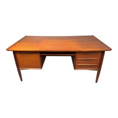 a wooden desk with two drawers on the top and one drawer at the bottom, against a white background