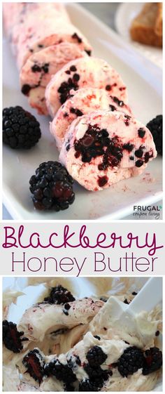 black berry honey butter ice cream is on a white plate with berries and whipped cream