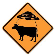 an image of a sign with a cow in front of a flying saucer on it