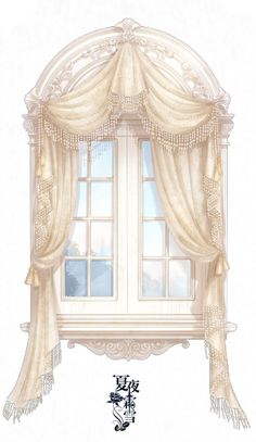 a drawing of a window with curtains on the top and bottom, in front of a white background