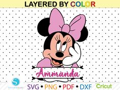 minnie mouse with pink bow on her head and the word, layered by color in front of