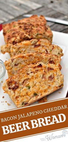 bacon jalapeno cheddar beer bread on a white plate