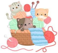 some cats are knitting together in a basket