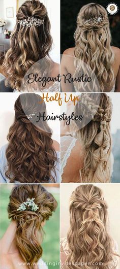 different hairstyles for the bride with text overlay that reads elegant bridal half up hairstyle