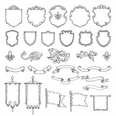 a set of decorative shields and banners with ribbons on white background, hand drawn illustration