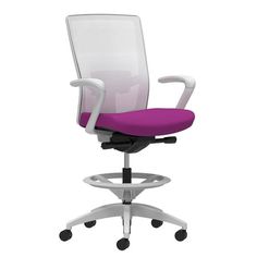 an office chair with wheels and a purple seat cushion on the back, against a white background