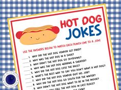 a hot dog joke is shown on a blue and white checkered tablecloth