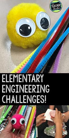 there are many different colored pencils with eyes on them and the words elementary engineering challenges