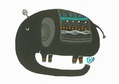 an elephant painted in black and blue on a white background