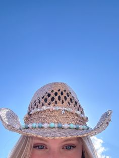 Hat is hobby lobby Beads are from michaels Woven Cowgirl Hat, Cowgirl Hat With Beads, Cowboy Hat Beads Diy, Cowgirl Hats Western Summer, Boho Beach Hat, Summer Cowgirl Hat