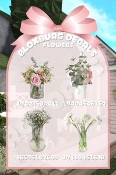 a bunch of vases with flowers in them sitting on a table next to a house