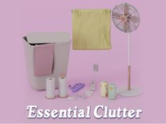 an assortment of items that include a fan, toilet paper and other things