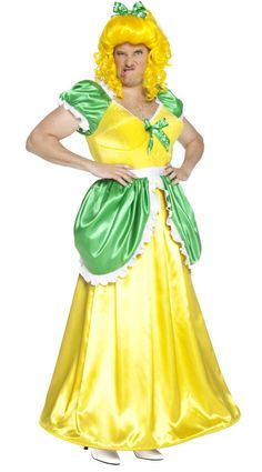 a woman in a yellow and green dress is standing with her hands on her hips