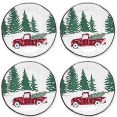 four red truck coasters with trees on them