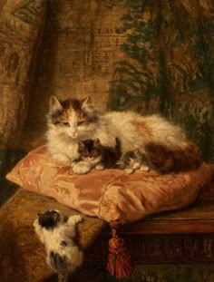 a painting of two cats laying on top of a pillow