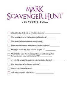 the mark scavenger hunt is shown in this printable book, which includes questions for