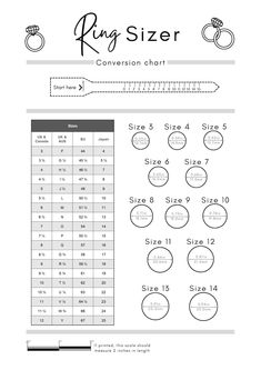 the size chart for an engagement ring is shown in black and white, as well as measurements