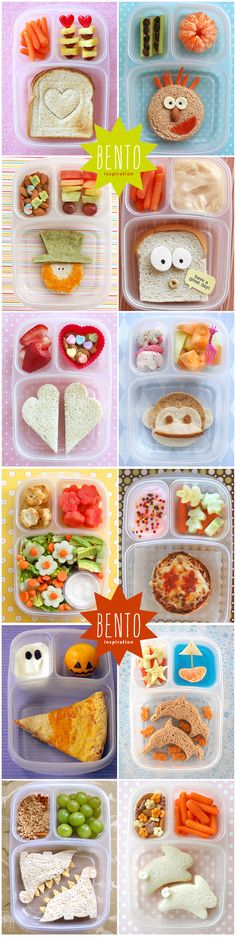 several pictures of different types of food in plastic containers with the words bento written on them