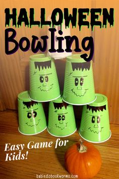 halloween bowling game for kids with green paper cups