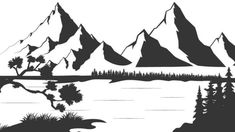 a mountain lake with trees and mountains in the background, black and white silhouettes