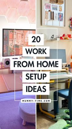 there is a desk and chair in this room with the words 20 work from home setup ideas