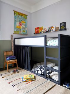 a bunk bed with curtains on the top and bottom is shown in an instagram