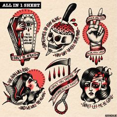 an old school tattoo flash sheet with skulls, roses and other tattoos on it's sides