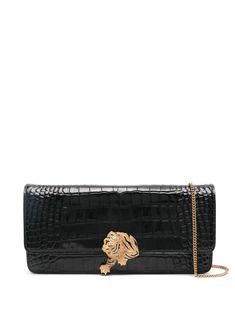 black leather embossed crocodile effect detachable leather and chain-link shoulder strap tiger plaque detail main compartment internal zip-fastening pocket internal card slots full lining gold-tone hardware front flap closure magnetic fastening Leather Cross Body Bag, Chanel 2, Crocodile Leather, Italian Fashion Designers, Leather Cross, Sneaker Wedge, Ballet Flat Shoes, Pump Sandals