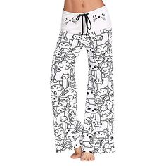 Pantalons Large Femme Mi-Taille Pantalon Coton Imprimé à Chat avec Cordon Micro-élastique Décontracté mais élégant pour Différentes Formes de Corps - Blanc - S/EU36 Wide Leg Sweatpants, Legging Sport, Bootcut Pants, Comfy Pants, Yoga Pant, Pantalon Large, Loose Pants, Printed Drawstring, Long Style