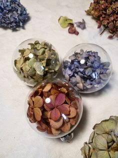 three glass bowls filled with flowers on top of a white table covered in leaves and petals