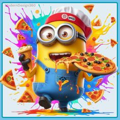 a minion is holding a pizza in his hand