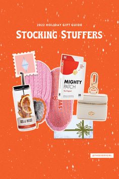 the holiday gift guide for stocking stuff is on display in front of an orange background